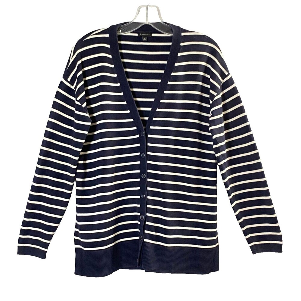 Talbots Striped Cardigan Sweater Womens Size M Navy Blue White Preppy Read